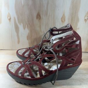 Fly London Yuke Burnt Orange Wedge Lace-Up Sandals Women’s Size 6.5
